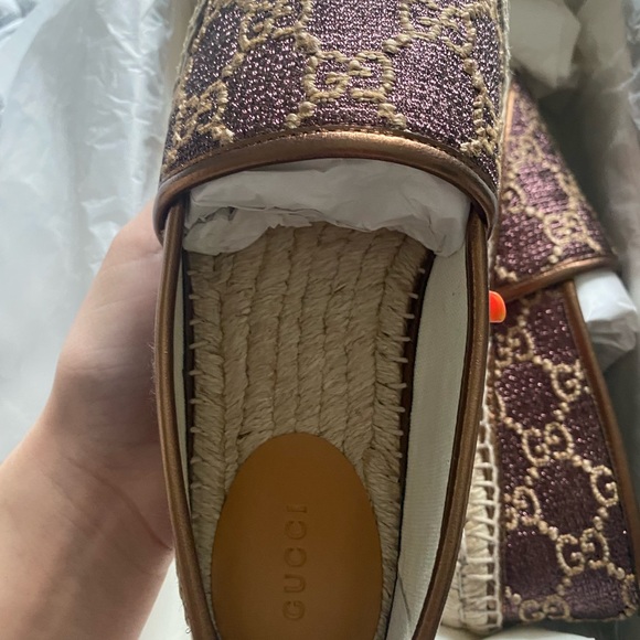 Authentic Gucci WOMEN'S HERITAGE GG LAMÉ ESPADRILLE IN BROWN size 5 - Picture 6 of 8